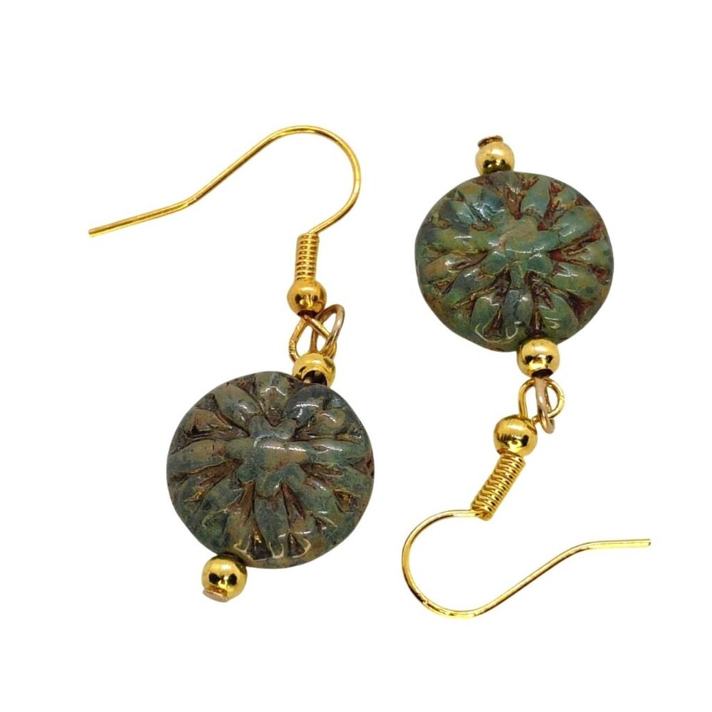 Czech pressed glass green floral earrings gold tone earwires